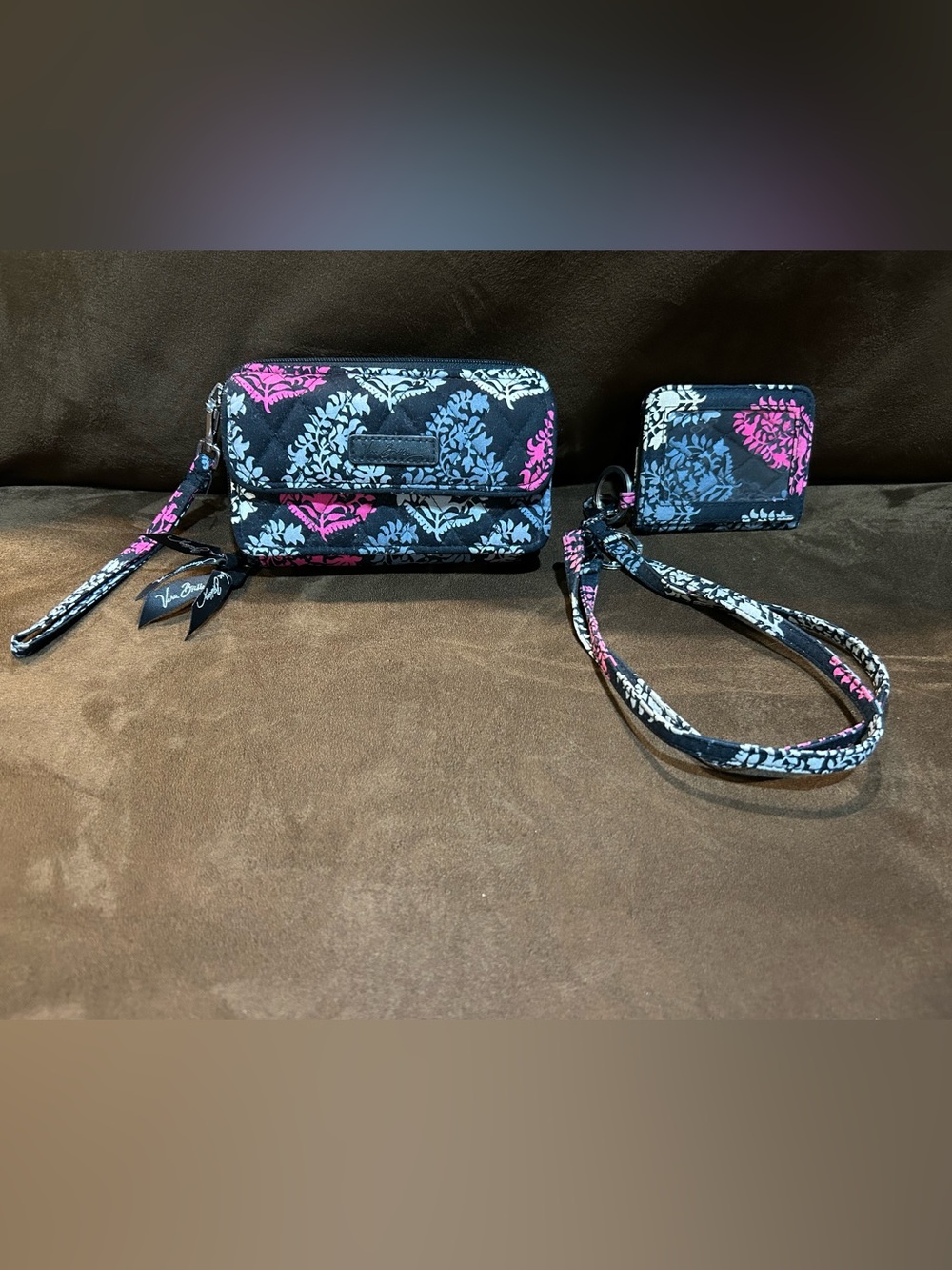 Floral Quilted Wristlet and matching Wallet in Black with Pink & Blue - NEW